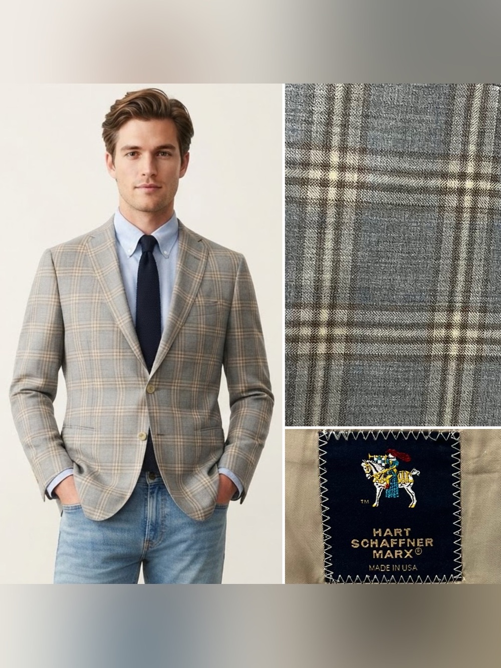 Hart Schaffner Marx Men's 42R Gray Windowpane Plaid Blazer Jacket Unstructured